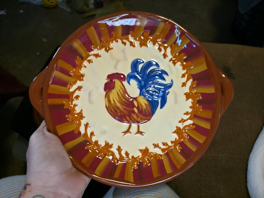 VTG BELLA CASA ROOSTER PLATE GANZ EARTHTONES EXCELLENT CONDITION WITH HANDLES